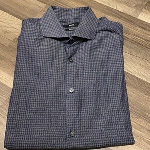 Hugo Boss Slim Fit Button Down Shirt 39 15 1/2 gray blue houndstooth print